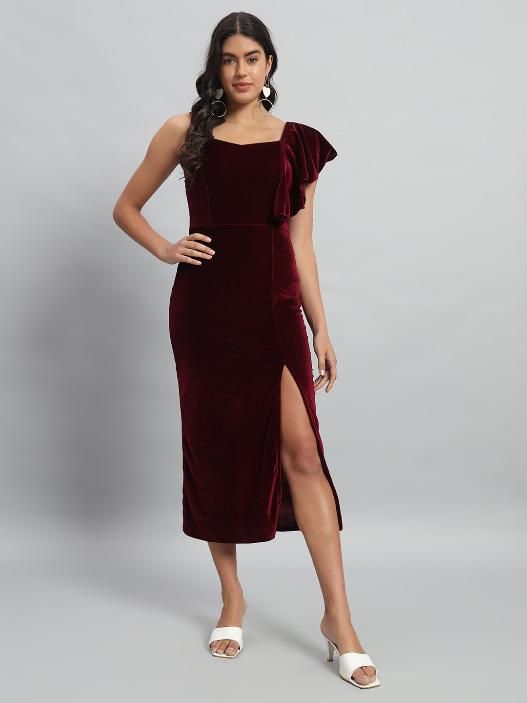 One Flared Sleeve Bodycon Party Dress Maroon