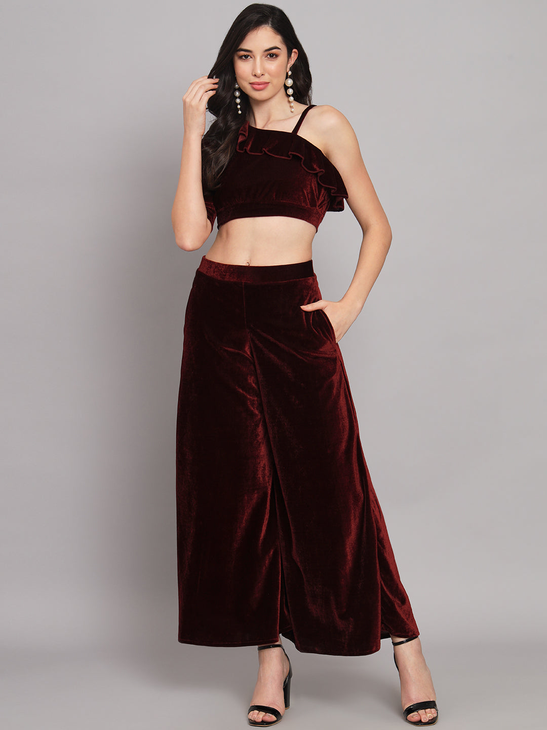 One Sleeve Crop Top with Palazzo Party Co-Ord Set Black