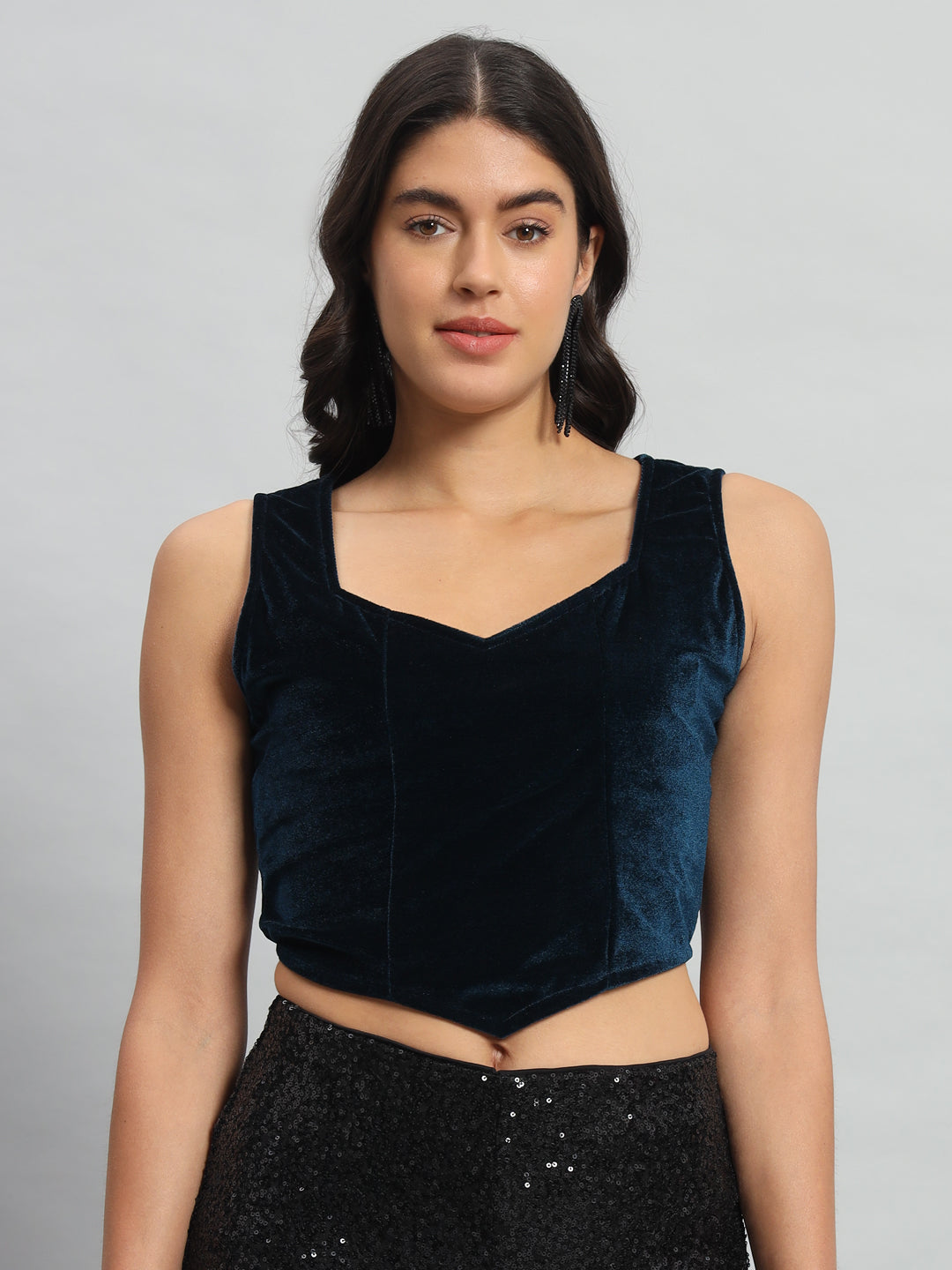 Velvet Sleeveless Readymade Party Blouse Navy Blue