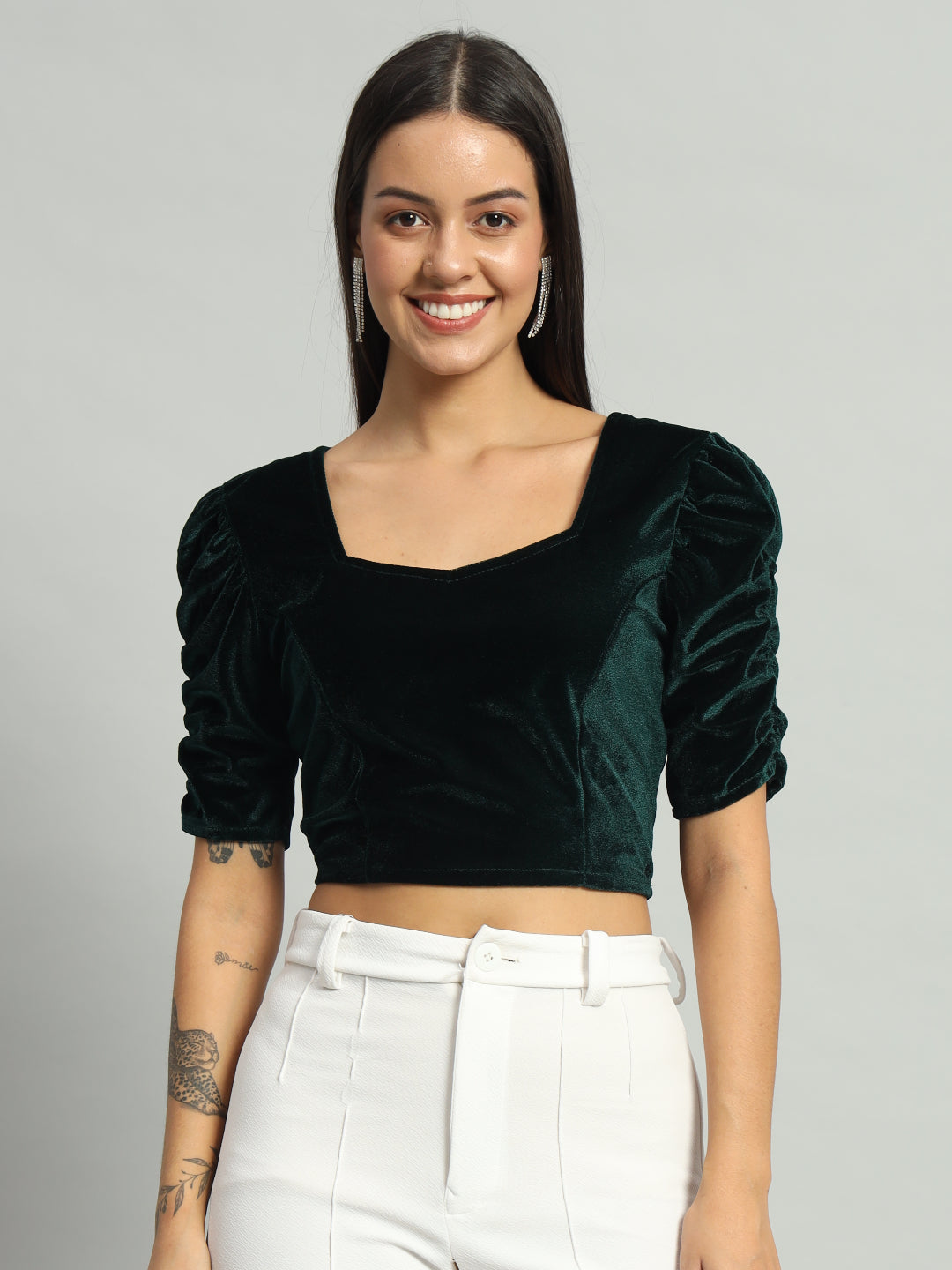 Puff Sleeves Velvet Blouse Tops Dark Green