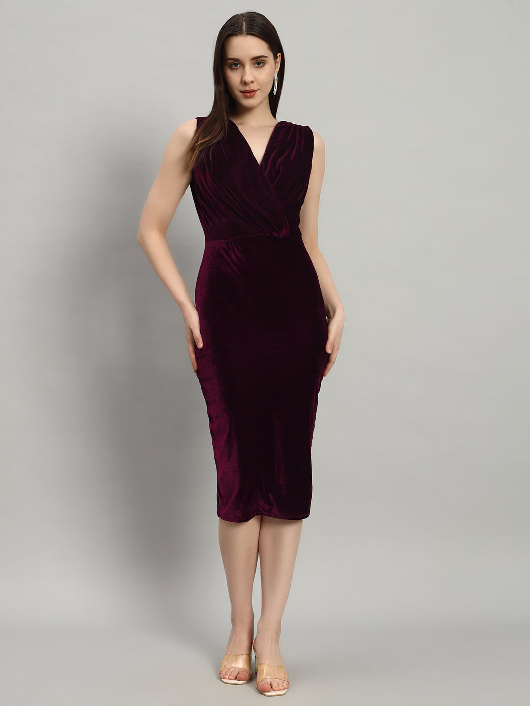 Deep V-Neck Sleeveless Bodycon Party Dress Scarlet Wine