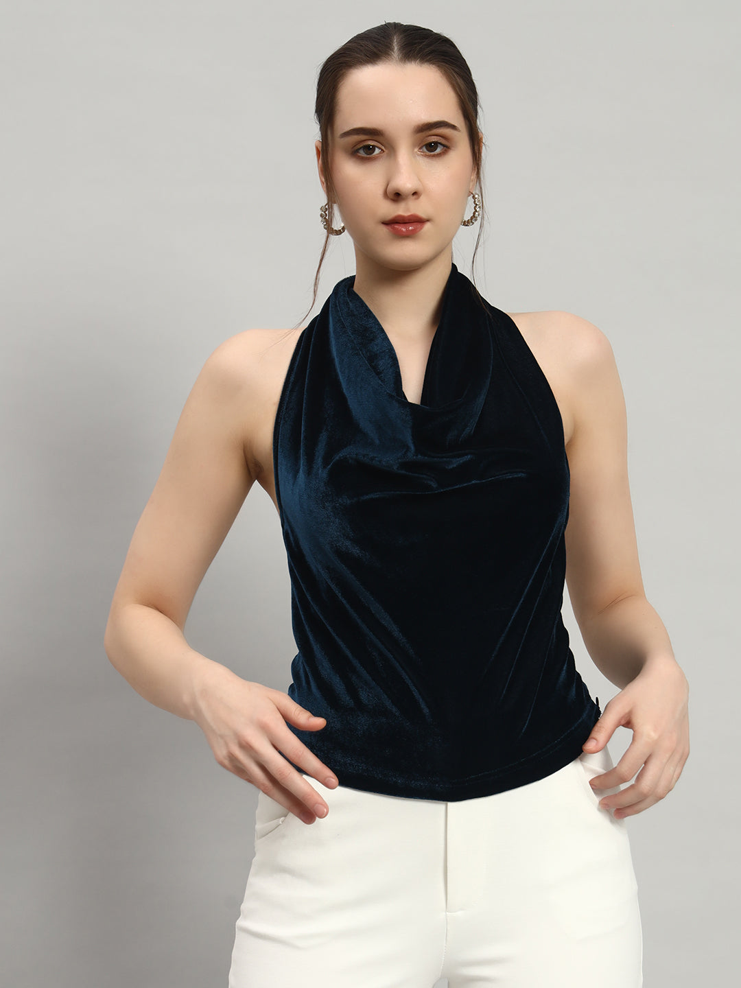 Halter Neck Top Velvet Sleeveless Party Outfit Peacock Blue