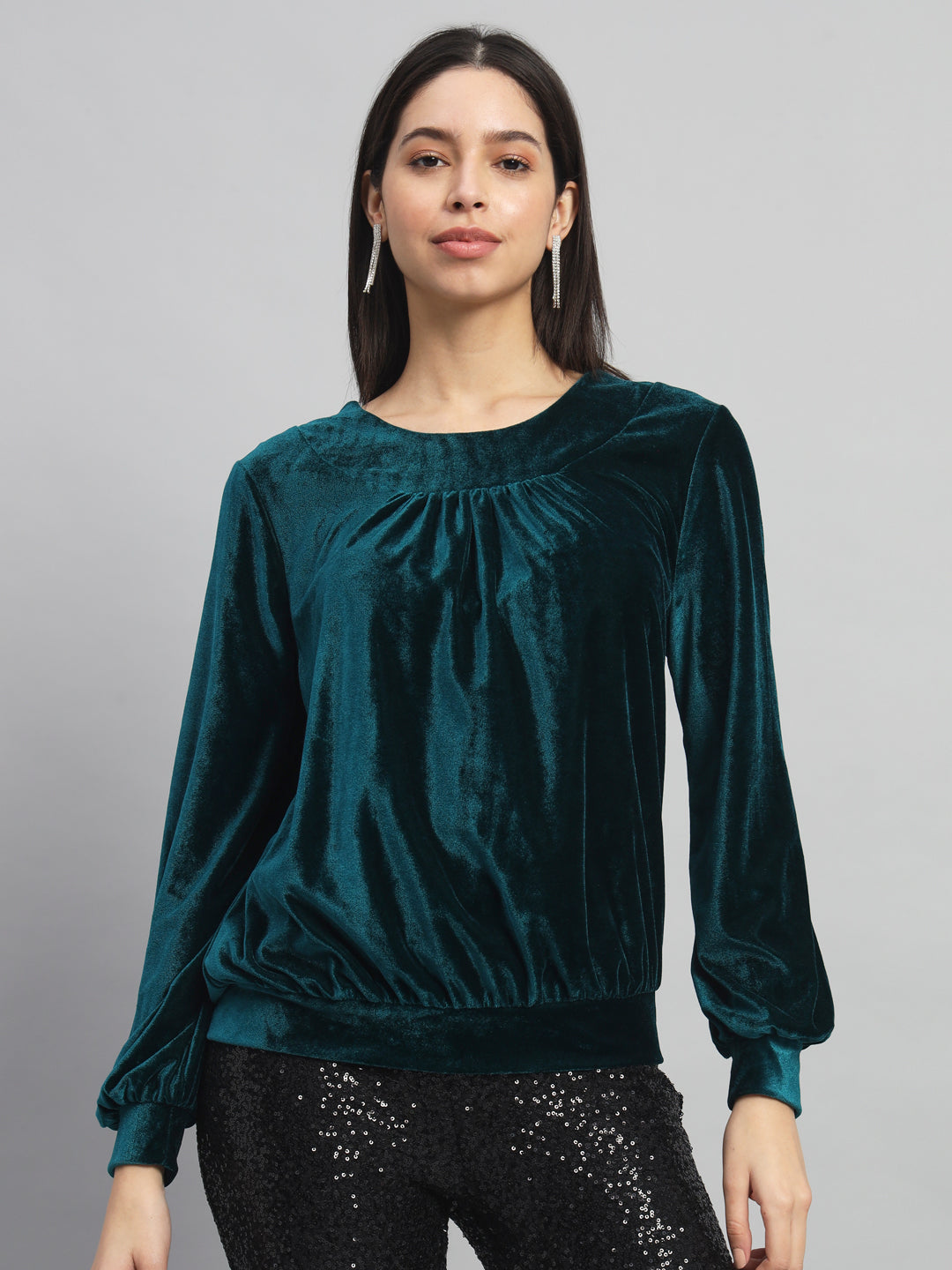 Round Neck Puff Sleeves Blouson Top Rama Green