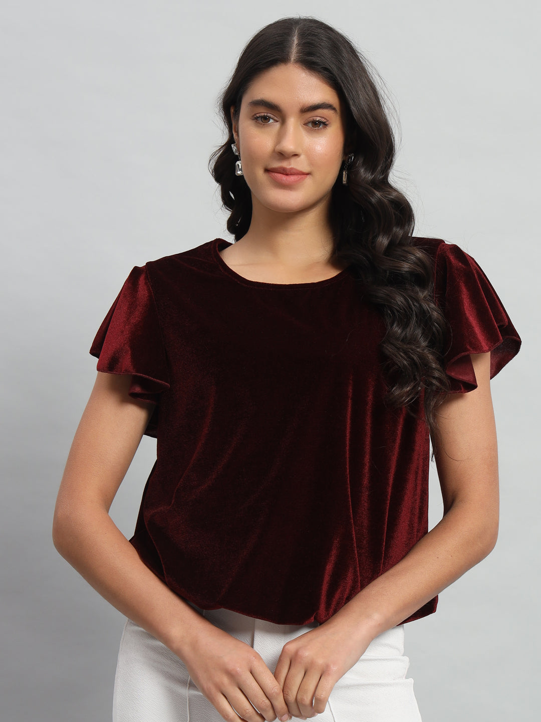 Short Sleeves Ruffles Stylish Party Top Maroon