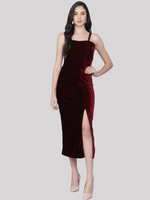 Maxi Sleeveless Velvet Square Neck Bodycon Dress Maroon