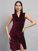 Mandarin Neck Sleeveless Bodycon Party Dress Maroon