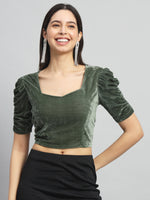 Puff Sleeves Velvet Blouse Tops Dark Olive Green