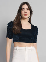 Puff Sleeves Velvet Blouse Tops Peacock Blue