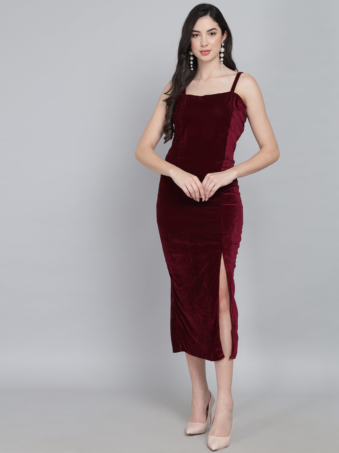 Maxi Sleeveless Velvet Square Neck Bodycon Dress Sporty Maroon