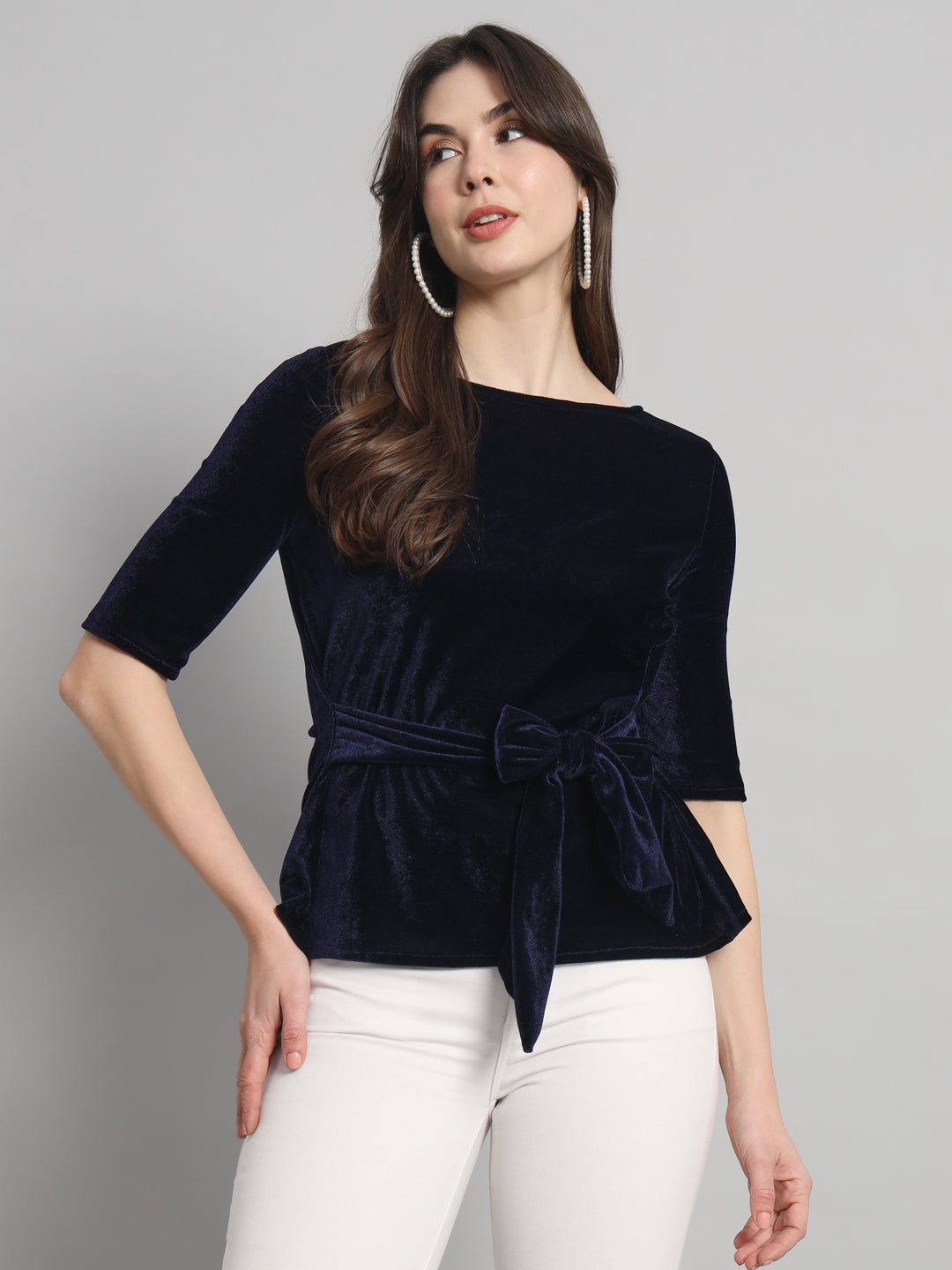 Half Sleeeves Front Tie Waistband Party Top Navy Blue