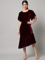 Velvet Fabric Fish Cut Ruffle Bottom Bodycon Party Midi Dress Maroon