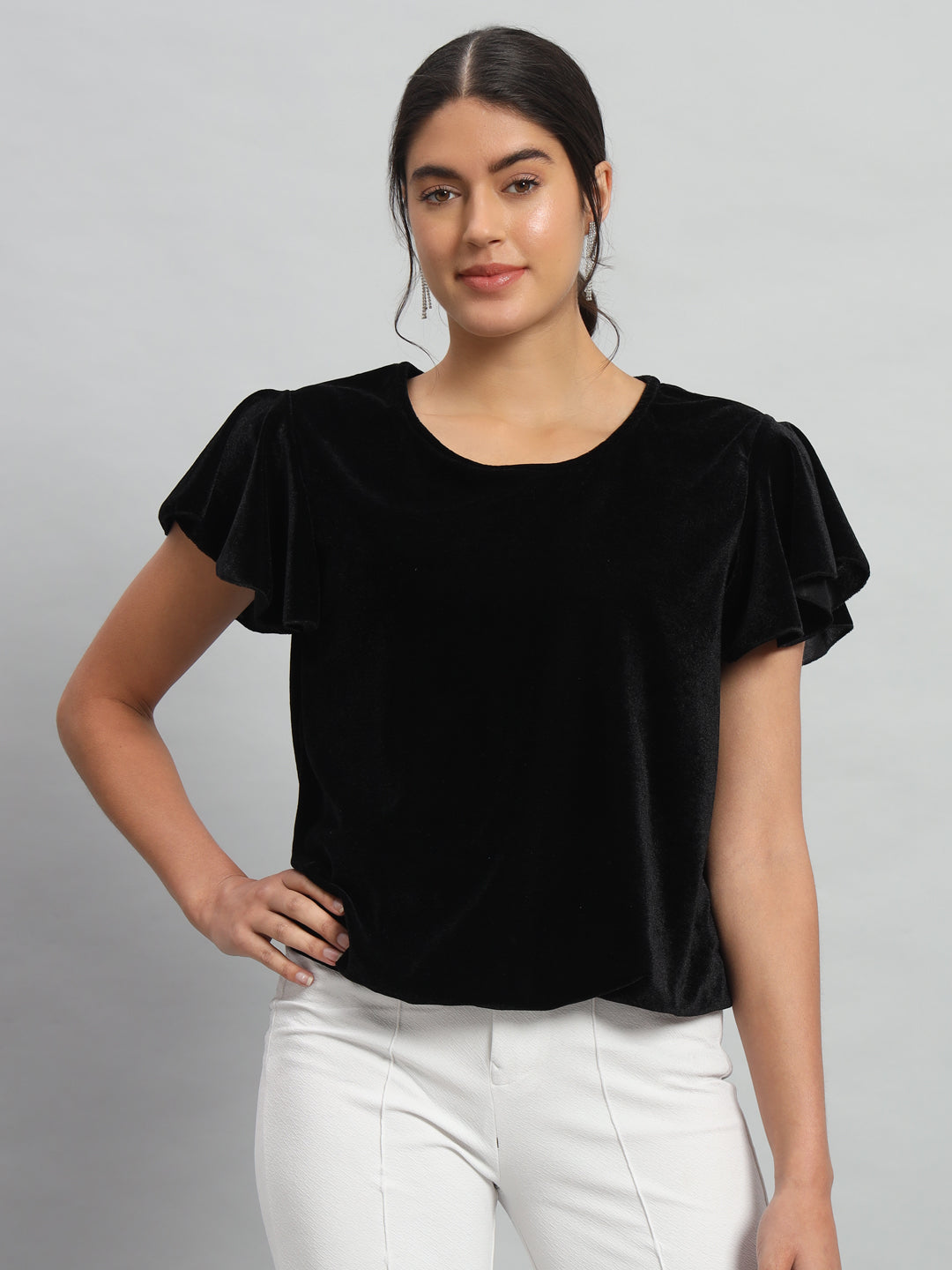 Short Sleeves Ruffles Stylish Party Top Black