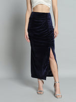 Ankle Length Long Ruched Party Skirt Navy Blue