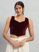 Velvet Sleeveless Readymade Party Blouse Wine