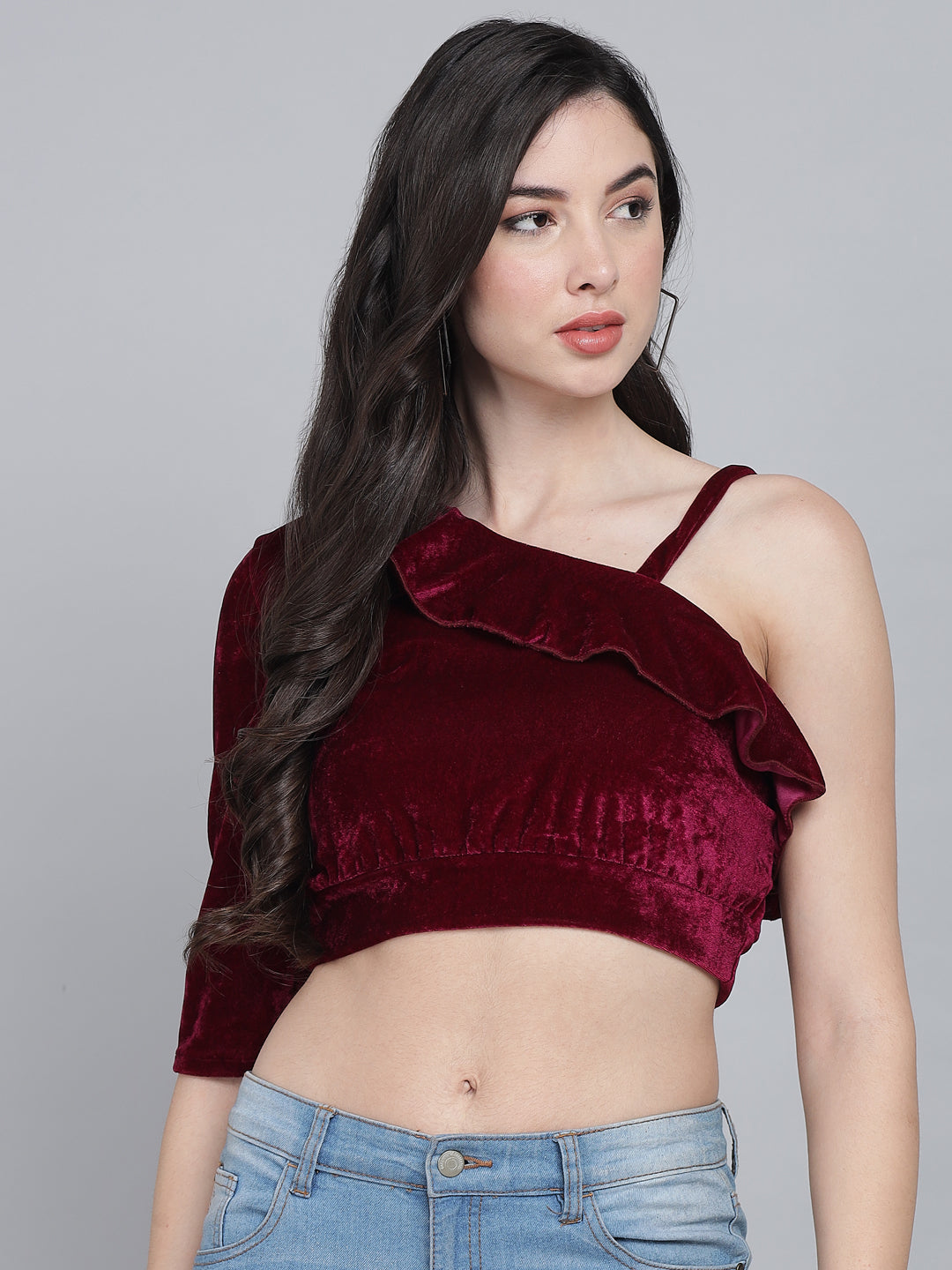 One Off Shoulder Ruffle Styling Blouse Tops Maroon