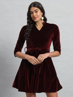 A-Line Quarter Sleeves V-Neck Party Dress Maroon