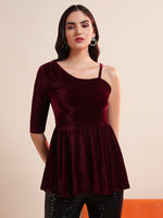 Solid One Shoulder Velvet Peplum Top