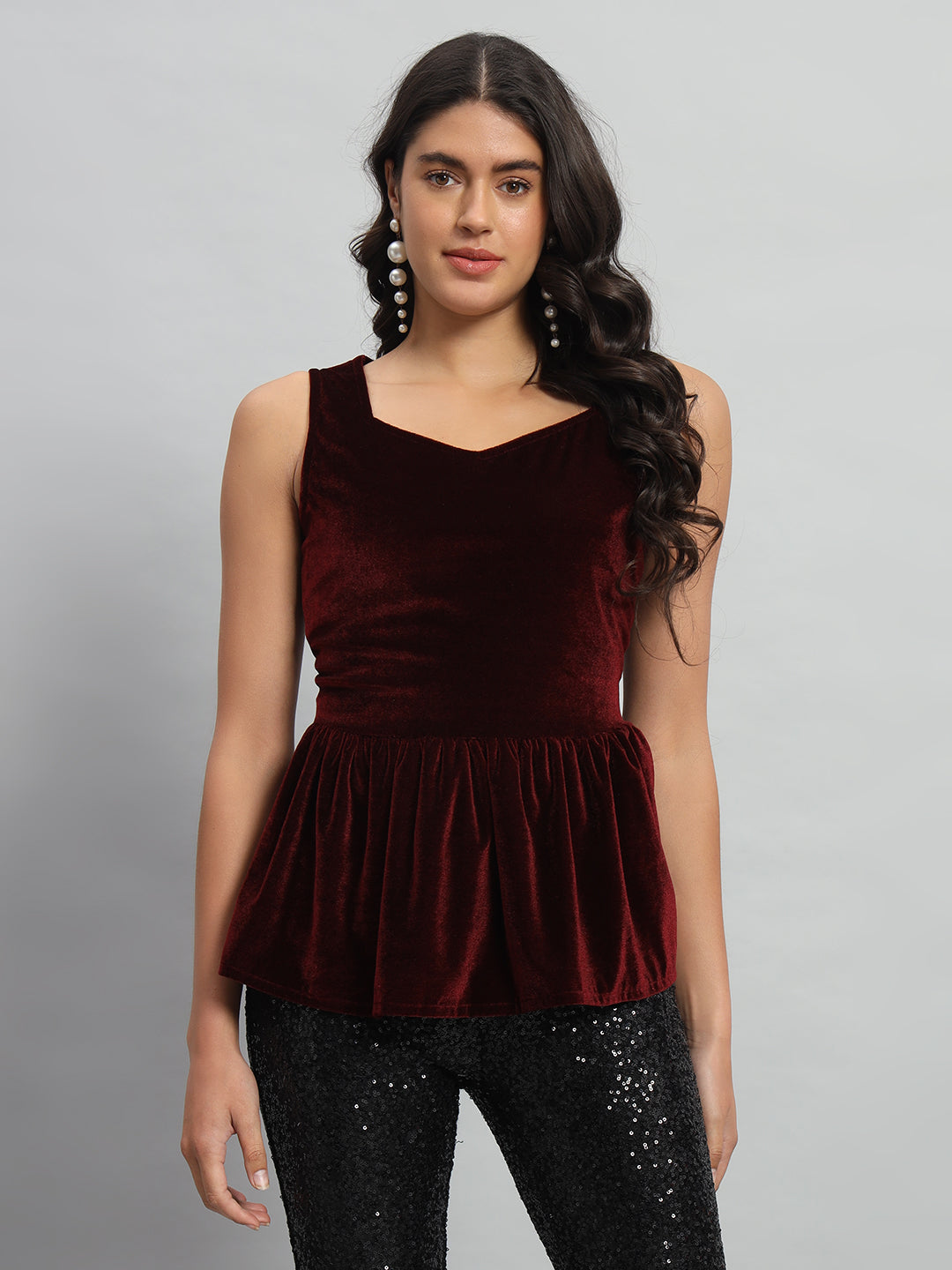 Waistline Ruffle Sleeveless Party Top Wine