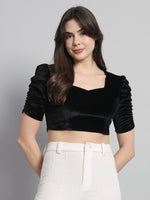 Puff Sleeves Velvet Blouse Tops Black