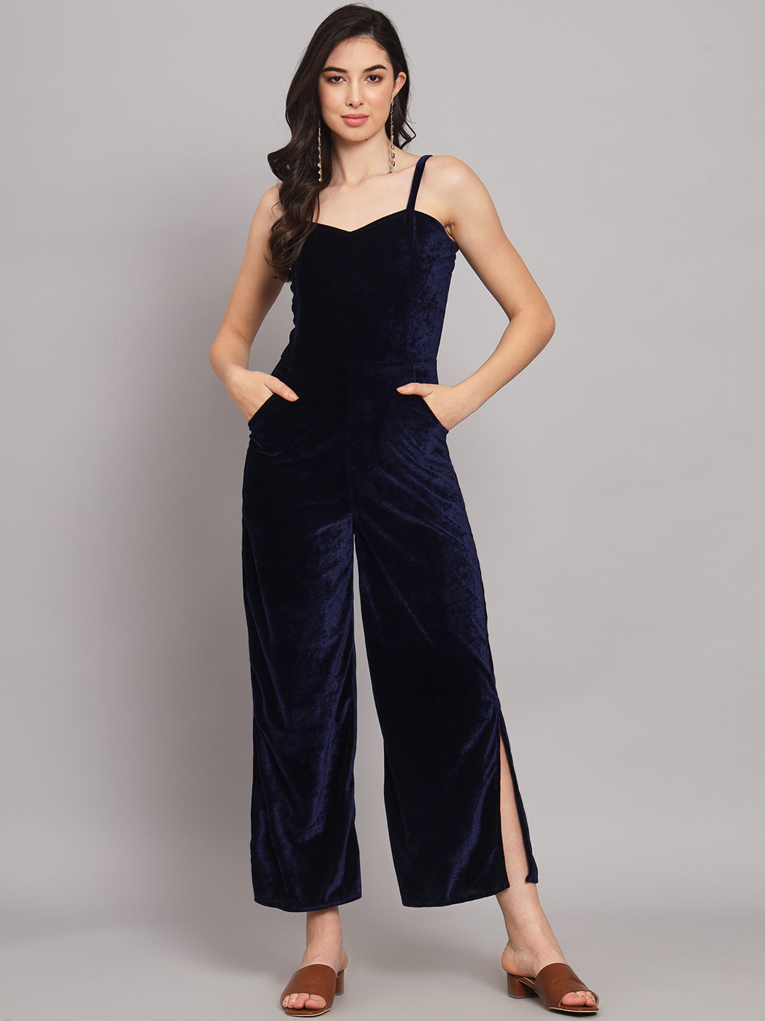 Shoulder Strap Sleeveless One Piece Party Jumpsuit Navy Blue