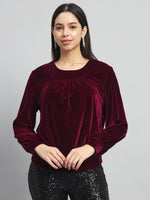 Round Neck Puff Sleeves Blouson Top Maroon