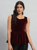 Waistline Ruffle Sleeveless Party Top Maroon