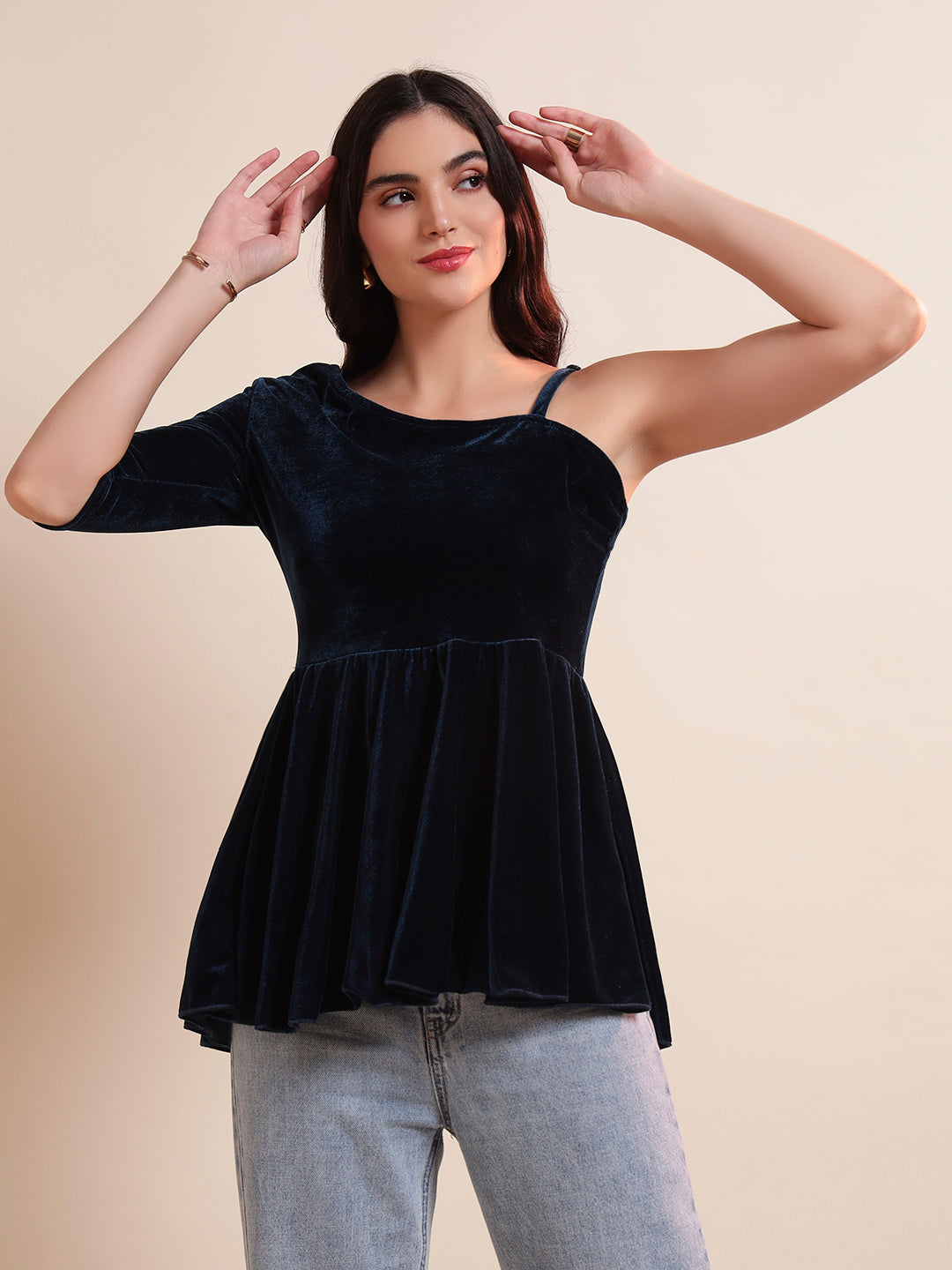 Solid One Shoulder Velvet Peplum Top