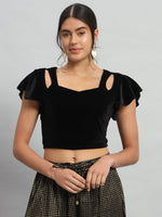 Velvet Flared Sleeves Readymade Party Blouse Black