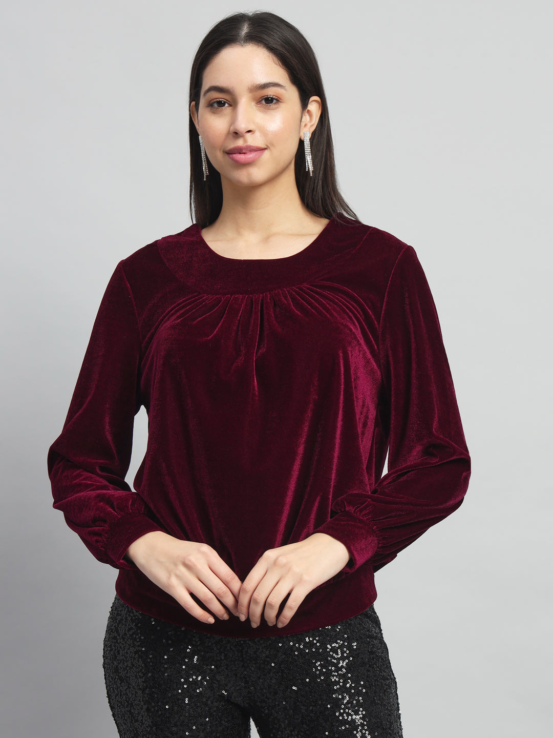 Round Neck Puff Sleeves Blouson Top Sporty Maroon