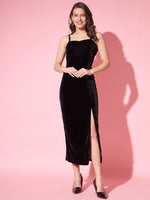 Maxi Sleeveless Velvet Square Neck Bodycon Dress Midnight Black