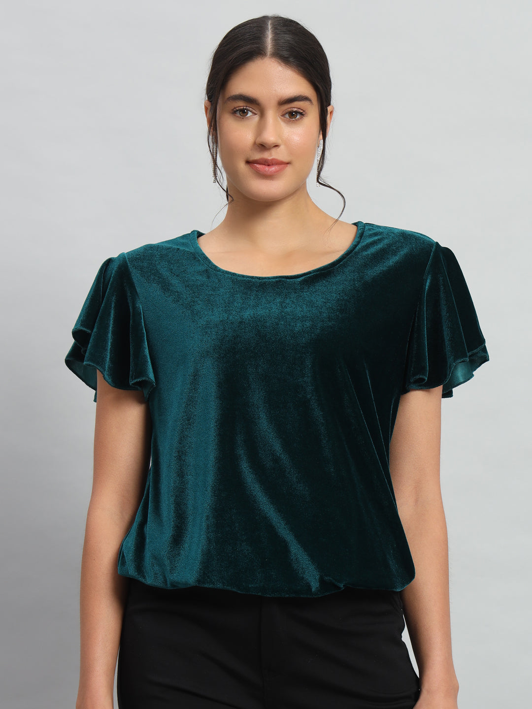 Short Sleeves Ruffles Stylish Party Top Rama Green