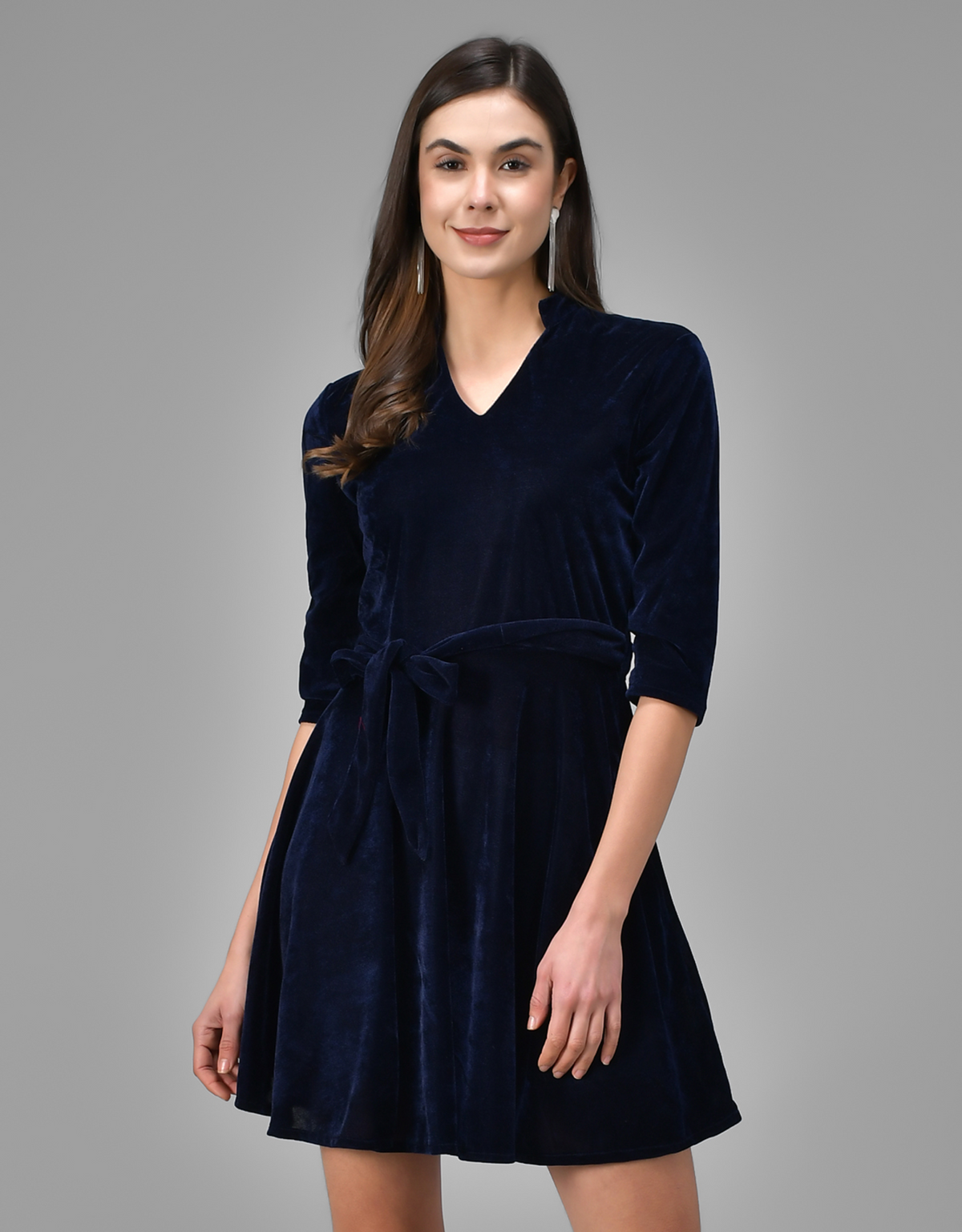 A-Line Quarter Sleeves V-Neck Party Dress Navy Blue