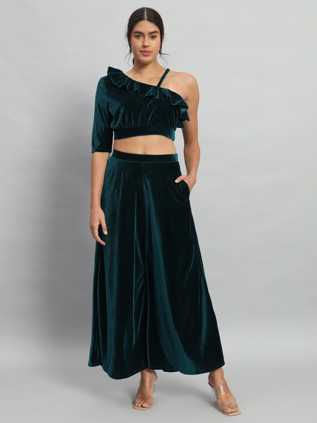 One Sleeve Crop Top with Palazzo Party Co-Ord Set Black