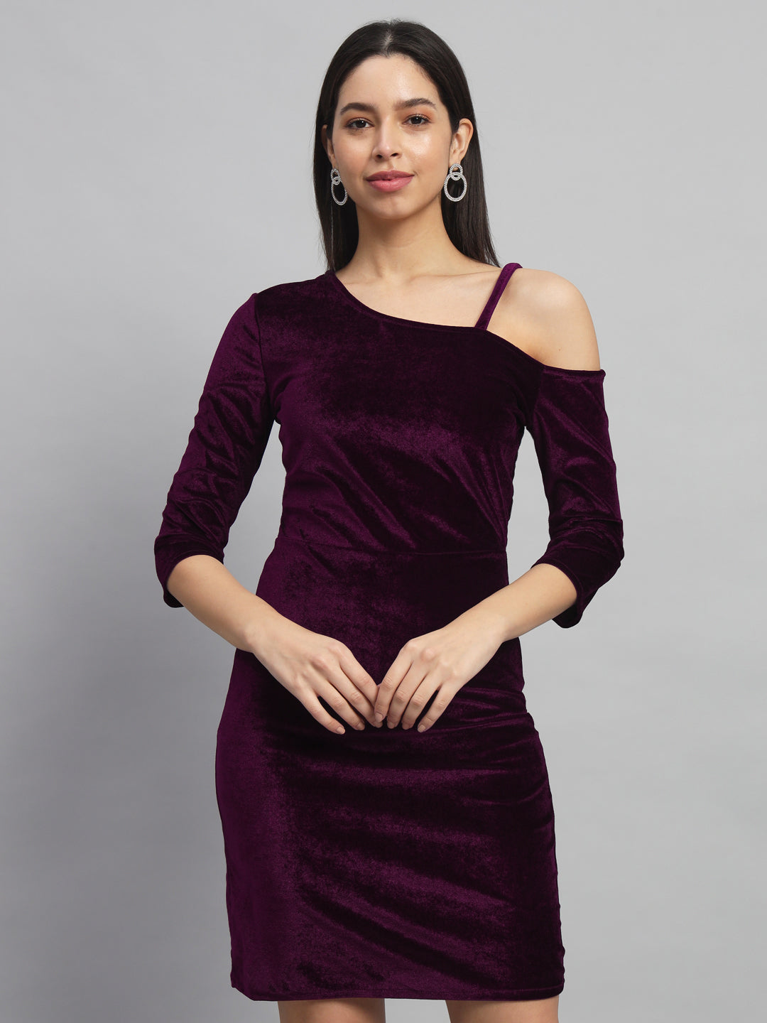 Velvet One Cold Shoulder Bodycon Party Dress Wine