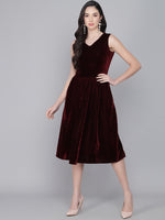 A-Line Velvet V-Neck Tops Sleeveless Party Dress Maroon