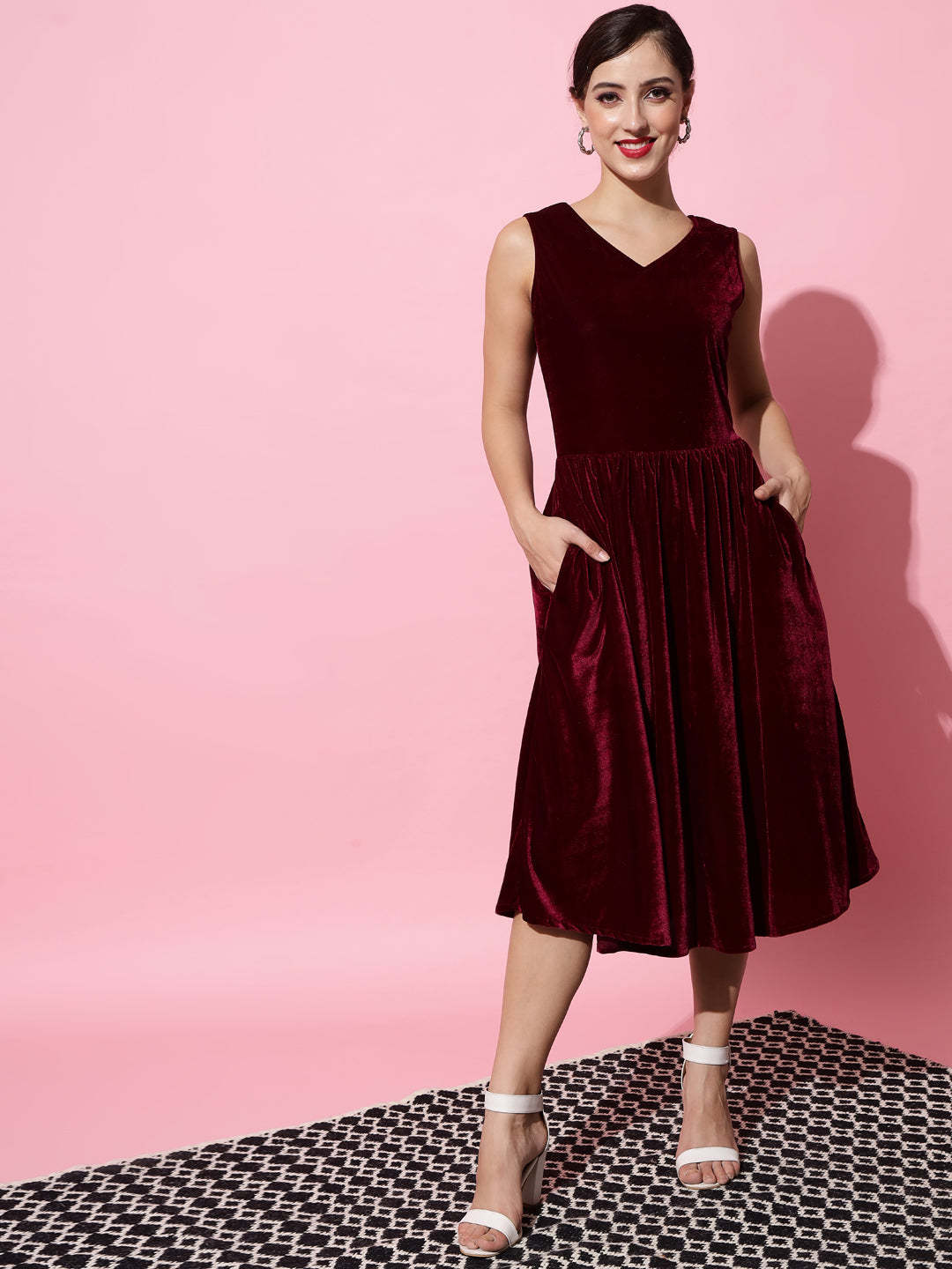 A-Line Velvet V-Neck Tops Sleeveless Party Dress Wine