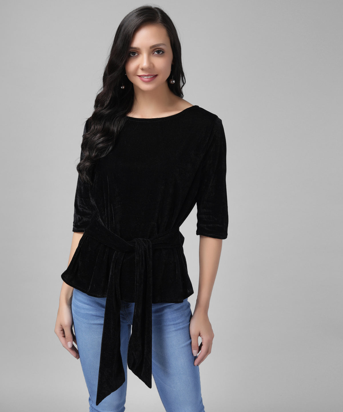 Velvet Tie-Up Peplum Top for Women