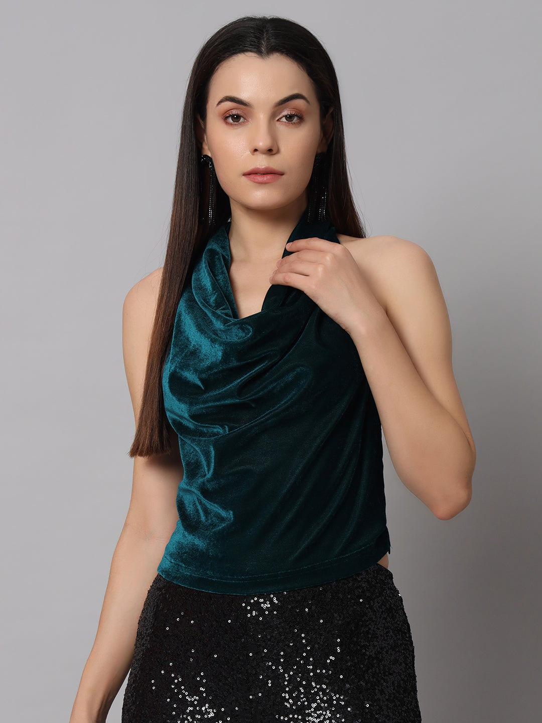 Halter Neck Top Velvet Sleeveless Party Outfit Rama Green