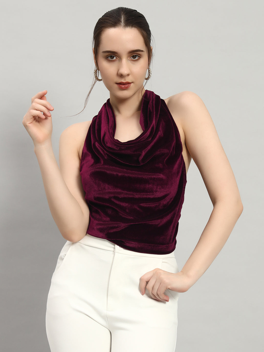 Halter Neck Top Velvet Sleeveless Party Outfit Scarlet Wine