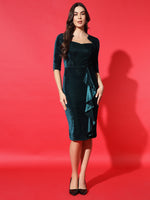 Vaararo Velvet Elegance Bodycon Dress for Women | Soft 3/4 Sleeve Partywear with Ruffle Detail
