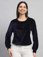 Round Neck Puff Sleeves Blouson Top Navy Blue