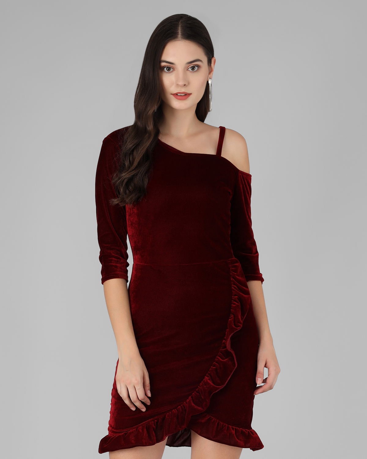 One Shoulder Bodycon Half sleeves Party Dress Maroon