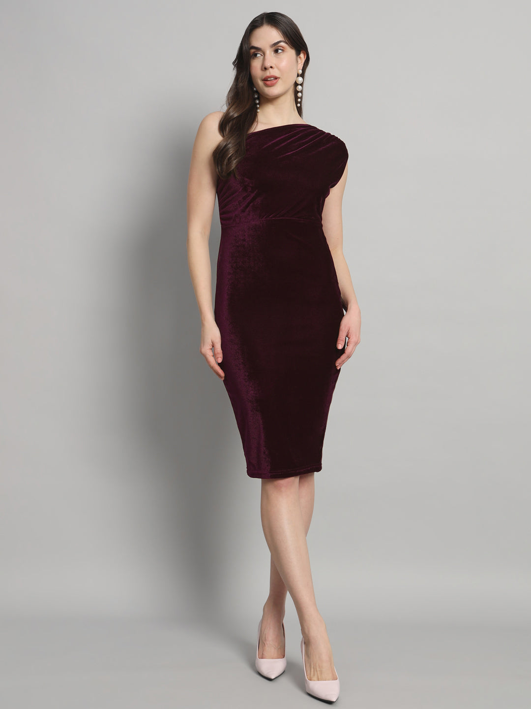 Back Slit Bodycon Party Dress One Shoulder Wine