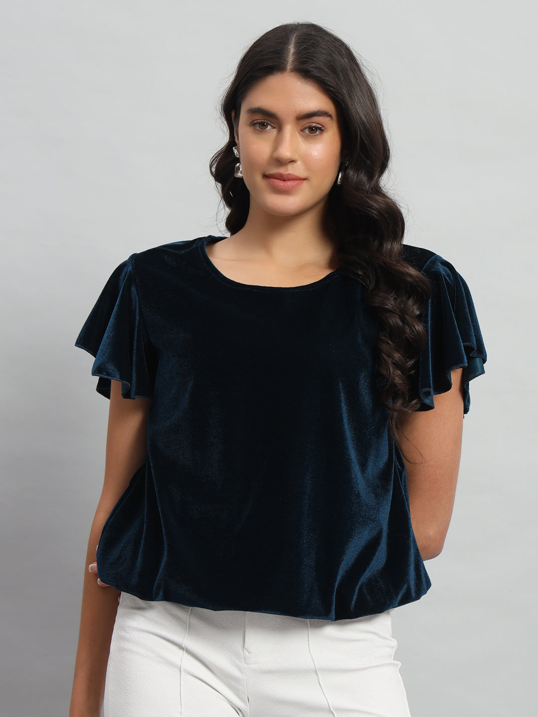 Short Sleeves Ruffles Stylish Party Top Peacock Blue