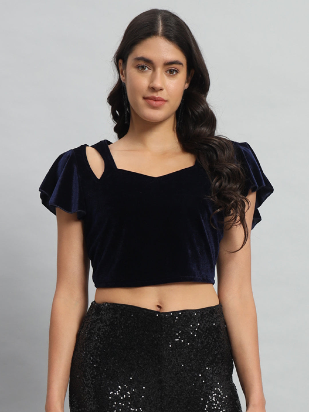 Velvet Flared Sleeves Readymade Party Blouse Navy Blue