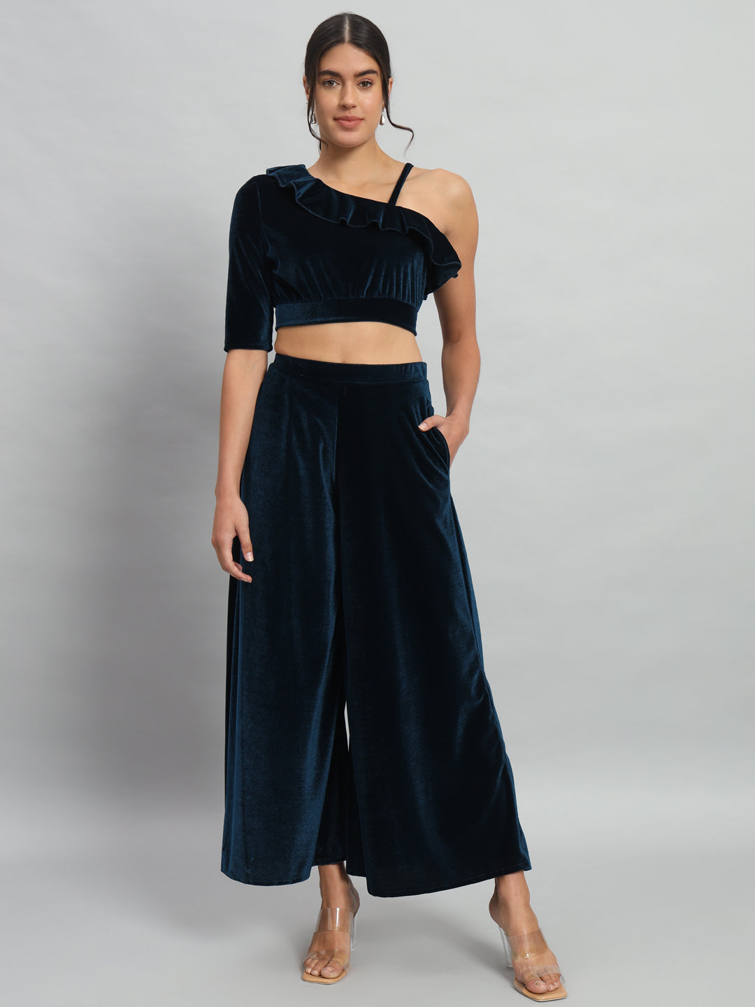 One Sleeve Crop Top with Palazzo Party Co-Ord Set Black