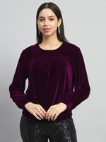 Round Neck Puff Sleeves Blouson Top Wine