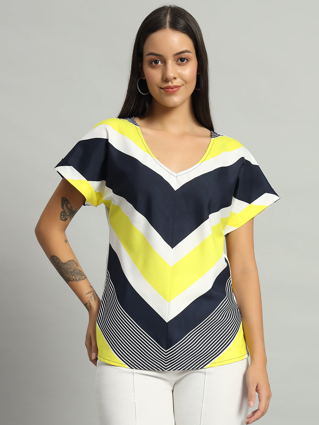 Women Striped Extended Sleeves Styled Back Top