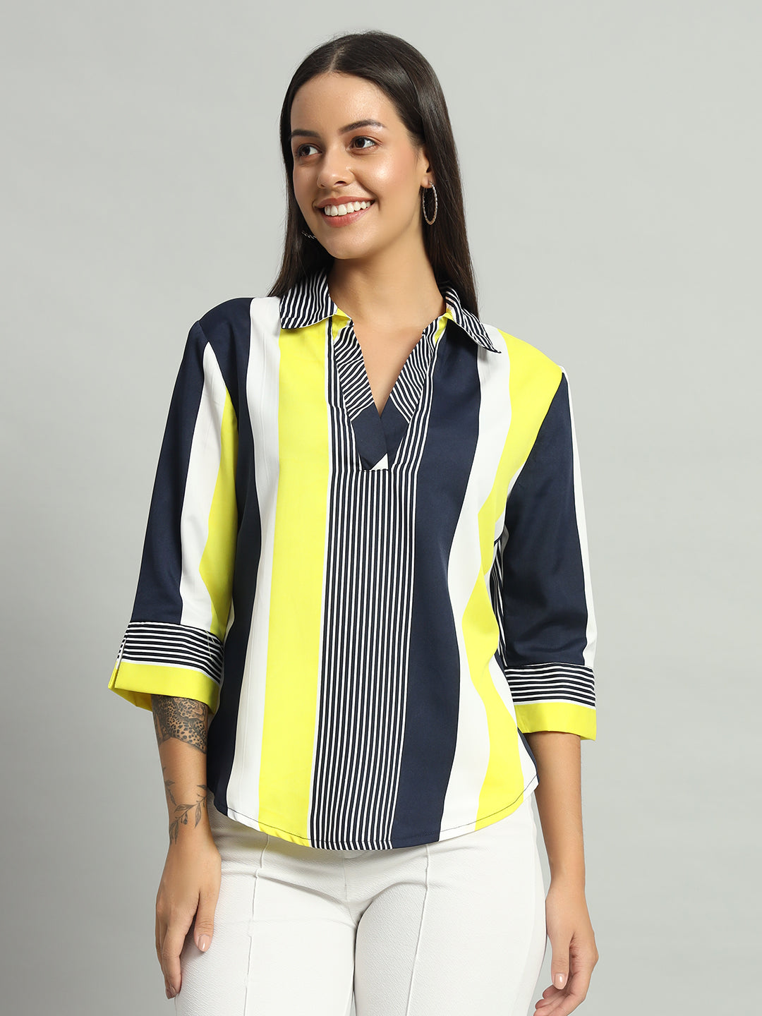 Women Shirt Collar Striped Shirt Style Top