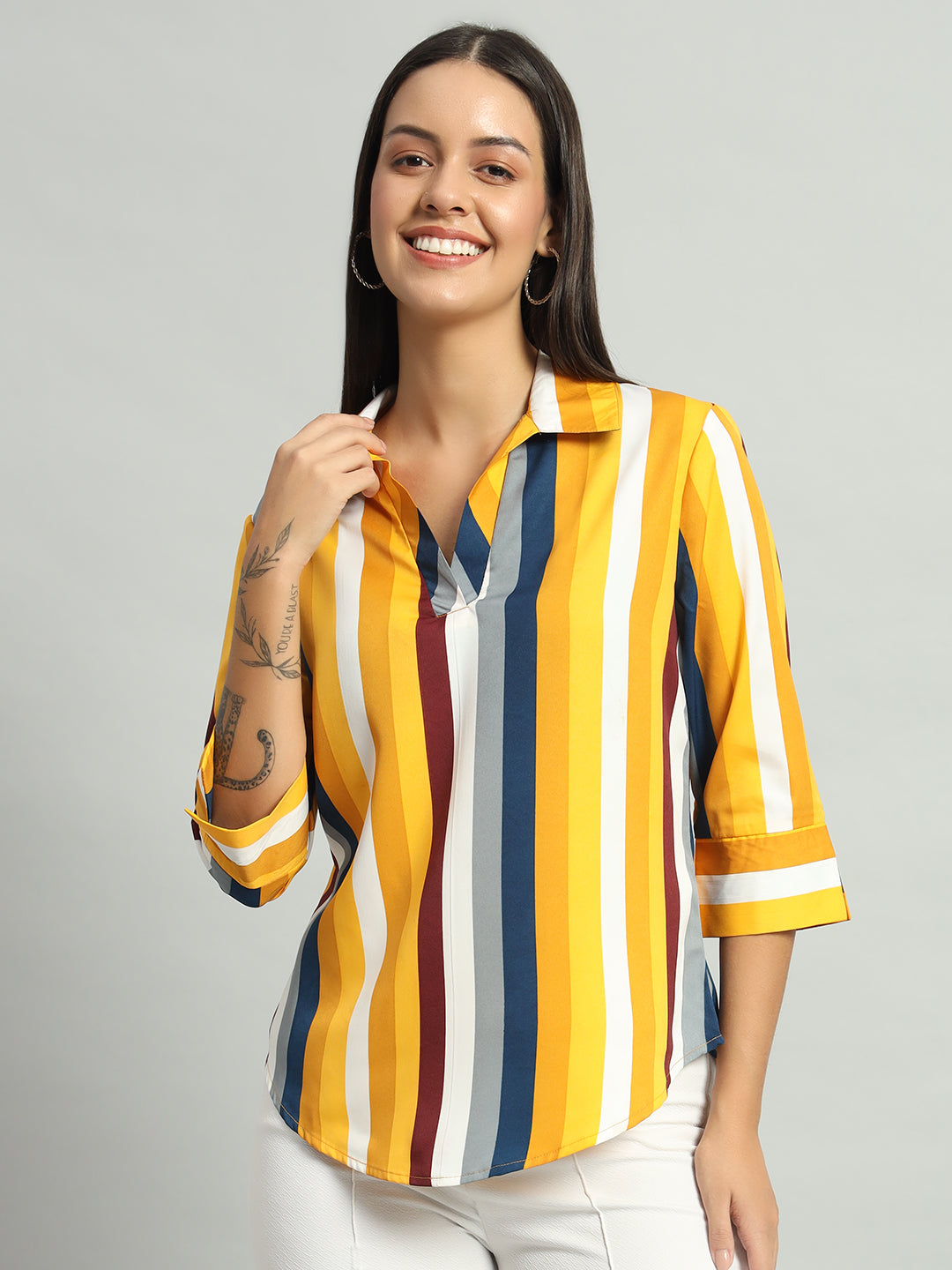 Women Shirt Collar Striped Shirt Style Top